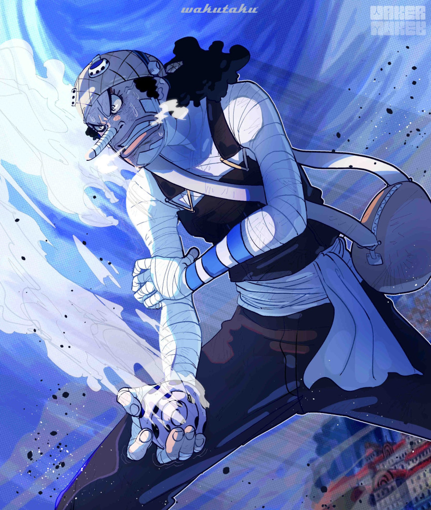 1boy artist_name bandage_on_face bandaged_arm bandaged_chest bandaged_hand bandaged_neck bandaged_wrist bandages bandana black_hair clenched_teeth commentary curly_hair goggles goggles_on_headwear highres holding holding_weapon long_nose male_focus one_piece outdoors solo taku_(aywakutakuay) teeth usopp weapon
