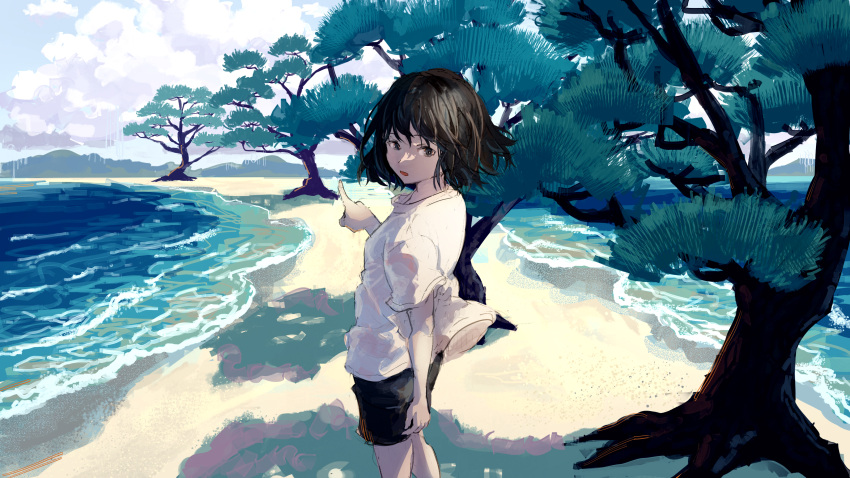 1girl 23el absurdres beach black_eyes black_hair black_shorts caustics clouds day highres looking_at_viewer looking_back mountainous_horizon ocean open_mouth original outdoors pointing pointing_forward shirt shore short_hair short_sleeves shorts sky solo standing t-shirt tree waves white_shirt white_t-shirt