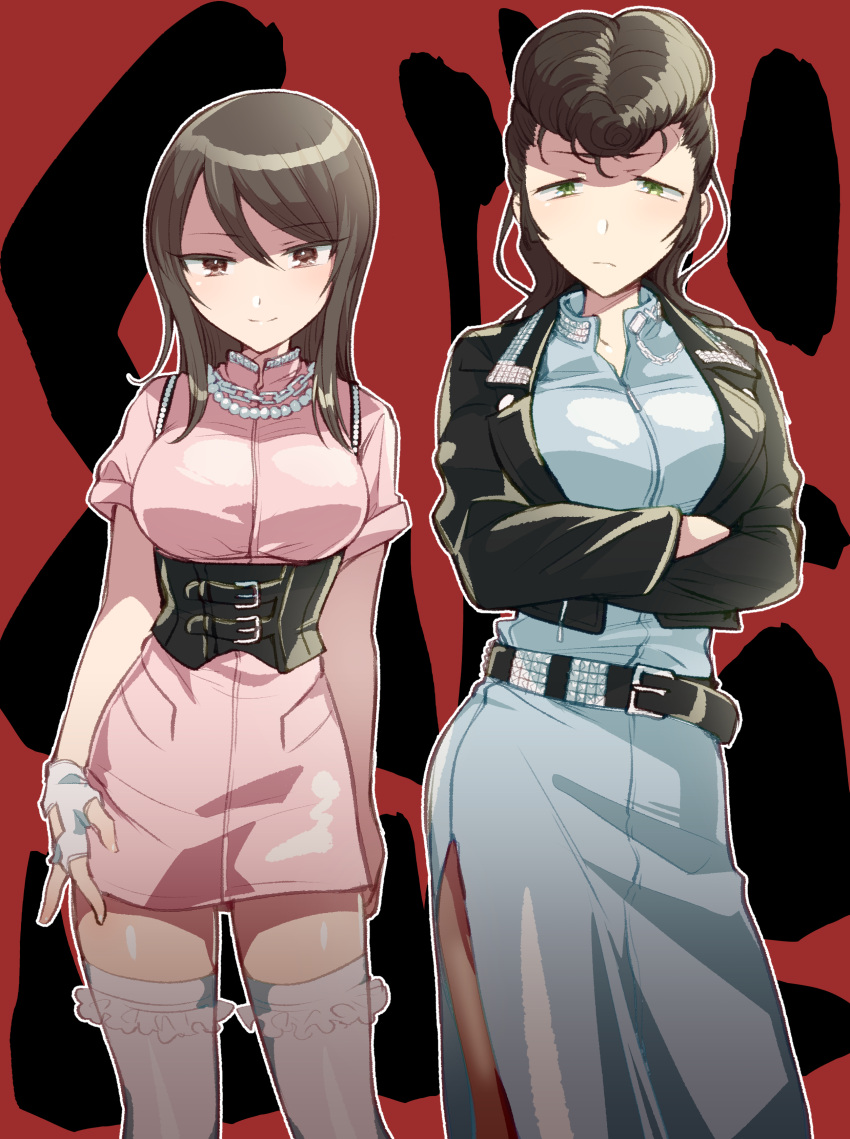 2girls absurdres alternate_costume bead_necklace beads belt black_belt black_jacket blue_dress brown_eyes brown_hair chain_necklace closed_mouth commentary crossed_arms delinquent dress fingerless_gloves frilled_thighhighs frills frown girls_und_panzer gloves green_eyes half-closed_eyes highres jacket jewelry koyama_harutarou leather leather_jacket long_hair long_sleeves looking_at_viewer majisuka_gakuen medium_dress mika_(girls_und_panzer) multiple_girls necklace no_headwear outline parody pink_dress pompadour red_background short_dress short_sleeves side-by-side side_slit smile standing studded_belt text_background thigh-highs underbust white_gloves white_outline white_thighhighs yuri_(girls_und_panzer)