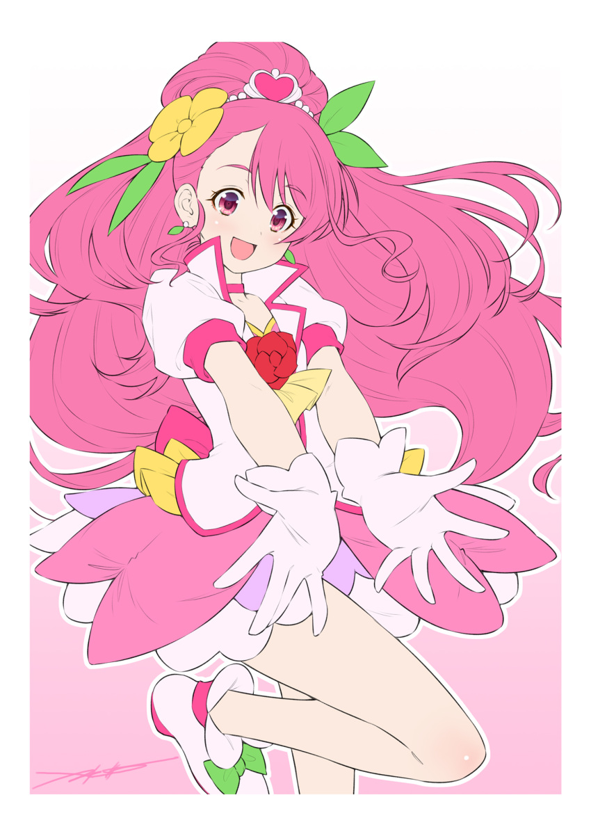 1girl ankle_boots artist_name ascot back_bow big_hair boots bow choker commentary_request cure_grace dress dress_flower earrings flower gloves hair_flower hair_ornament hanadera_nodoka healin'_good_precure heart heart_hair_ornament highres jacket jewelry kazuma_muramasa leaf_earrings leaf_hair_ornament leg_up long_hair looking_at_viewer magical_girl open_mouth partial_commentary pink_bow pink_choker pink_dress pink_eyes pink_footwear pink_hair pink_jacket precure puffy_short_sleeves puffy_sleeves reaching reaching_towards_viewer red_flower red_rose rose short_dress short_sleeves signature smile solo standing standing_on_one_leg tiara white_gloves yellow_ascot yellow_flower