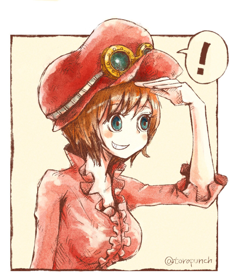 ! 1girl blue_eyes blush_stickers commentary_request frilled_shirt frills goggles goggles_on_headwear hat highres koala_(one_piece) one_piece pink_shirt shirt short_hair simple_background smile solo torapunch twitter_username upper_body