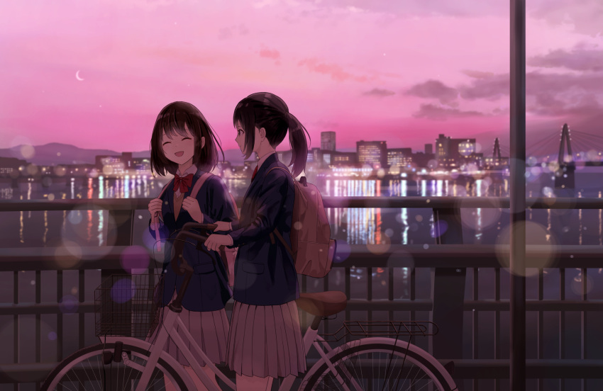 2girls backpack bag bicycle bicycle_basket blue_shirt blurry bokeh bow bowtie bridge building cityscape closed_eyes closed_mouth clouds collared_shirt crescent_moon depth_of_field dusk facing_viewer highres holding_strap long_sleeves medium_hair moon mountainous_horizon multiple_girls open_mouth original outdoors pink_bag pink_sky pleated_skirt ponytail profile railing red_bow red_bowtie reflection reflective_water school_uniform shirt shurock sidelocks skirt sky standing strap walking walking_bike