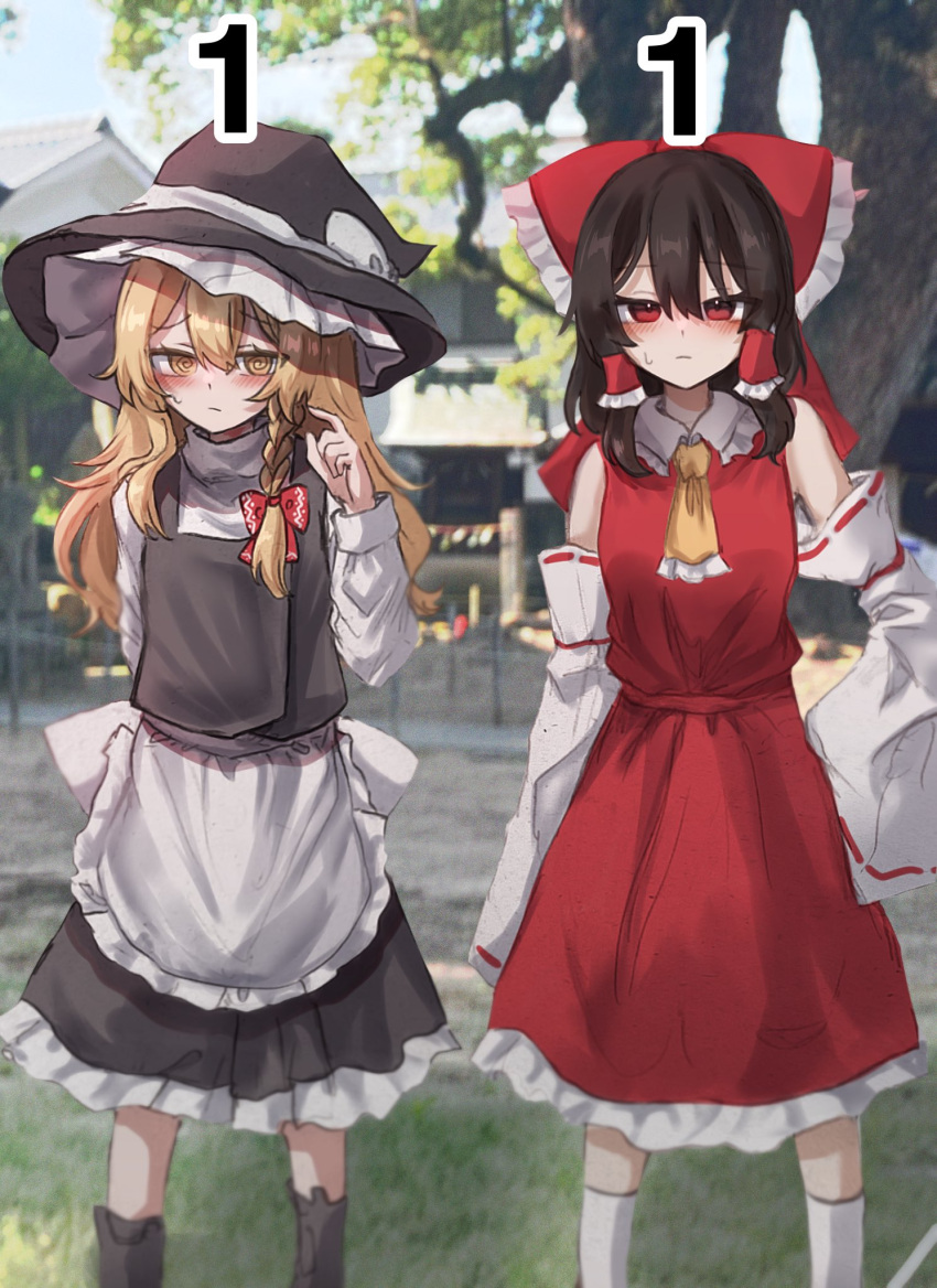 2girls @_@ apron arm_behind_back ascot black_skirt black_vest blonde_hair blush bow braid brown_hair building closed_mouth commentary day detached_sleeves frilled_bow frilled_hair_tubes frills hair_bow hair_tubes hakurei_reimu hand_on_own_hip hat hat_bow highres karasu2020_8 kirisame_marisa long_hair long_sleeves multiple_girls outdoors photo_background red_bow red_eyes red_skirt ribbon-trimmed_sleeves ribbon_trim side_braid single_braid skirt skirt_set sweatdrop touhou tree turtleneck vest waist_apron white_bow witch_hat yellow_ascot yellow_eyes