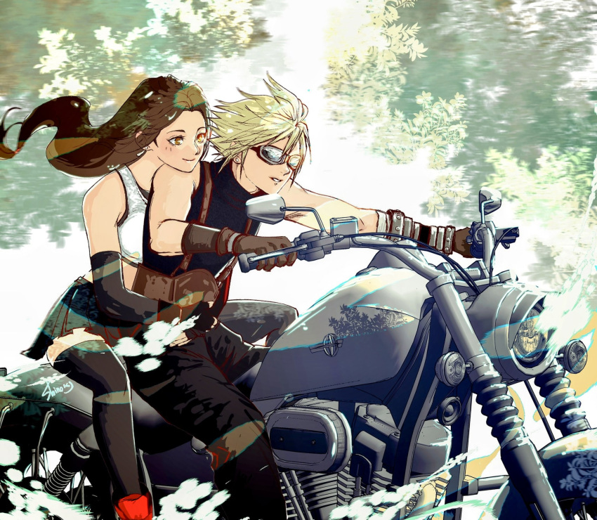1boy 1girl baggy_pants bare_shoulders black_gloves black_hair black_skirt black_thighhighs blonde_hair breasts brown_gloves brown_hair closed_mouth cloud_strife couple crop_top elbow_gloves feet_out_of_frame final_fantasy final_fantasy_vii final_fantasy_vii_rebirth final_fantasy_vii_remake gloves goggles head_on_another's_shoulder highres hug hug_from_behind long_hair low-tied_long_hair midriff motor_vehicle motorcycle on_motorcycle outdoors pants parted_lips red_eyes red_footwear shinogu_r short_hair sitting skirt sleeveless sleeveless_turtleneck smile suspenders sweater tank_top thigh-highs tifa_lockhart tree turtleneck turtleneck_sweater very_long_hair white_tank_top
