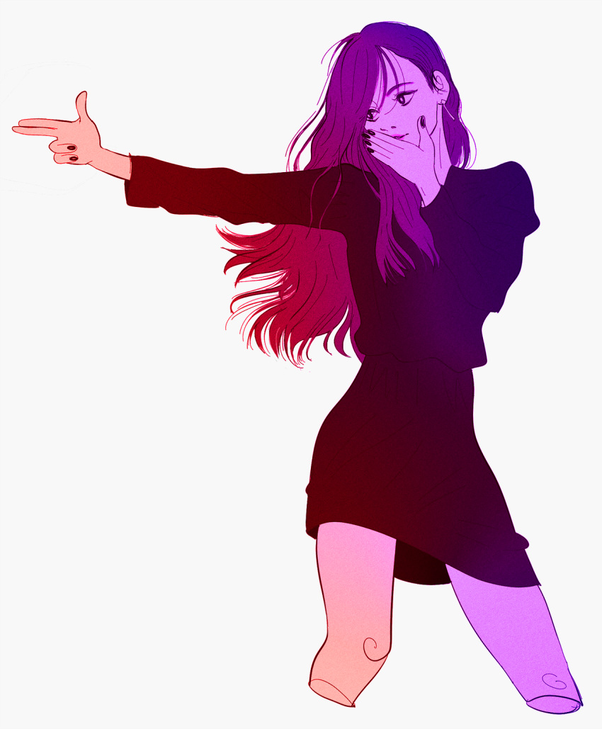 1girl arm_up bad_id bad_tumblr_id cowboy_shot dress earrings finger_gun highres ithmid jewelry long_hair looking_to_the_side real_life simple_background solo sunmi white_background