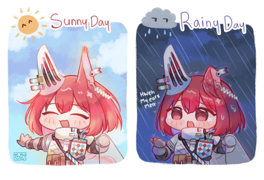 1girl animal_ears arknights blush closed_eyes clouds commentary day english_commentary english_text flametail_(arknights) haaiiro highres open_mouth rain red_eyes redhead squirrel_ears squirrel_girl sun