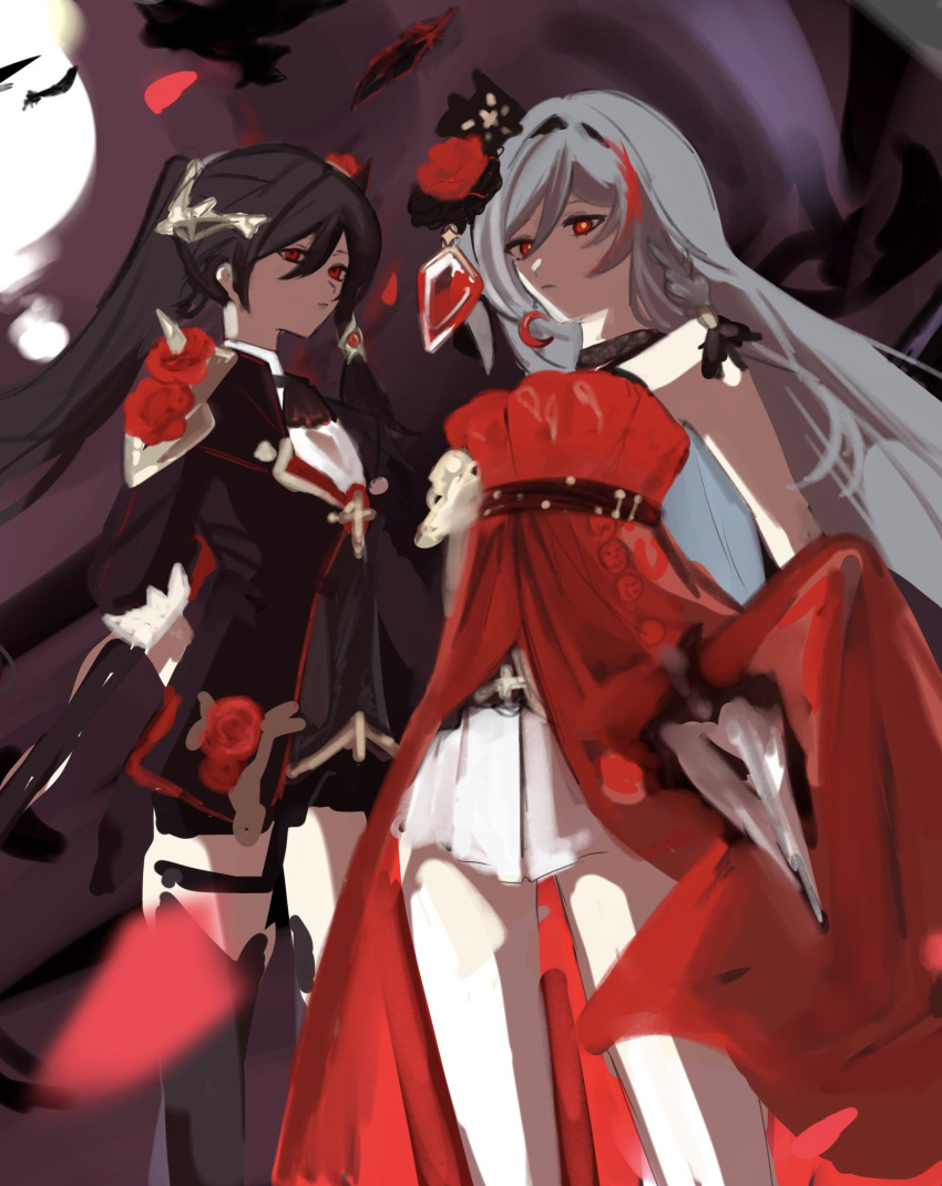 2girls bare_shoulders black_gloves black_shirt black_shorts black_thighhighs cleavage_cutout closed_mouth clothing_cutout dress fingerless_gloves flower fu_hua fu_hua_(blood_voivode) fu_hua_(herrscher_of_sentience) fu_hua_(shadow_knight) fu_hua_(turn_up_the_music!)_(herrscher_of_sentience) gloves grey_hair hair_between_eyes hair_flower hair_ornament high_ponytail highres honkai_(series) honkai_impact_3rd jewelry long_hair long_sleeves looking_at_viewer multicolored_hair multiple_girls official_alternate_costume ponytail red_dress red_eyes red_flower rose shirt sho_2nini shorts skirt sleeveless sleeveless_dress streaked_hair thigh-highs thighs vampire white_hair white_skirt white_thighhighs yellow_pupils