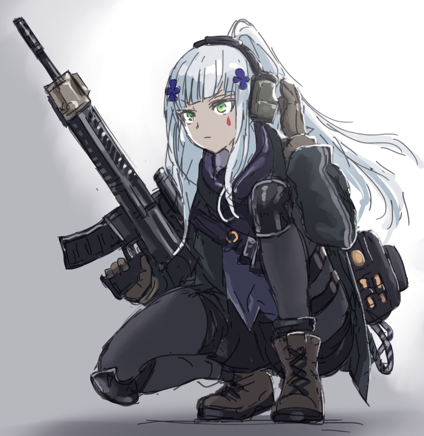 1girl absurdres assault_rifle black_pantyhose boots brown_footwear brown_gloves chinese_commentary commentary_request ear_protection fuku_(fuku12290574) full_body girls_frontline gloves green_eyes gun h&amp;k_hk416 hair_ornament hand_on_own_ear headphones heckler_&amp;_koch highres hk416_(girls'_frontline) hood hood_down hoodie jacket knee_pads long_hair looking_ahead magazine_(weapon) optical_sight pantyhose pantyhose_under_shorts pouch rifle rope shorts simple_background sketch solo squatting strap striped_clothes striped_jacket tactical_clothes teardrop_tattoo thigh_strap trigger_discipline vertical-striped_clothes vertical-striped_jacket weapon white_hair