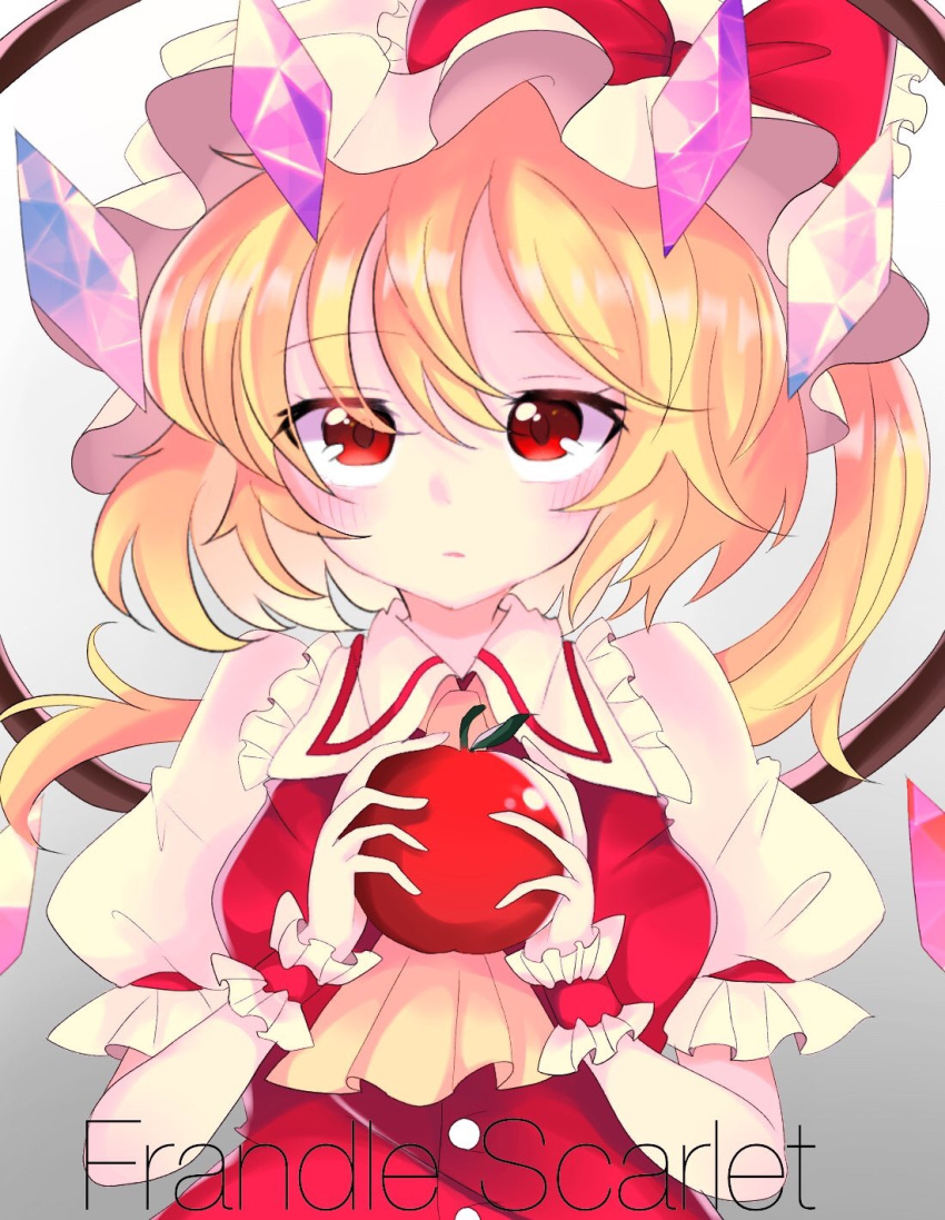 1girl apple blonde_hair bow breasts character_name closed_mouth collared_shirt crystal flandre_scarlet food frilled_bow frilled_shirt_collar frilled_sleeves frills fruit gradient_background grey_background hair_between_eyes hat hat_bow highres holding holding_food holding_fruit hyaku_paasento looking_at_viewer medium_hair mob_cap multicolored_wings one_side_up puffy_sleeves red_apple red_bow red_eyes red_vest shirt simple_background sleeve_ribbon small_breasts solo touhou upper_body vest white_background white_headwear white_shirt wings wrist_cuffs