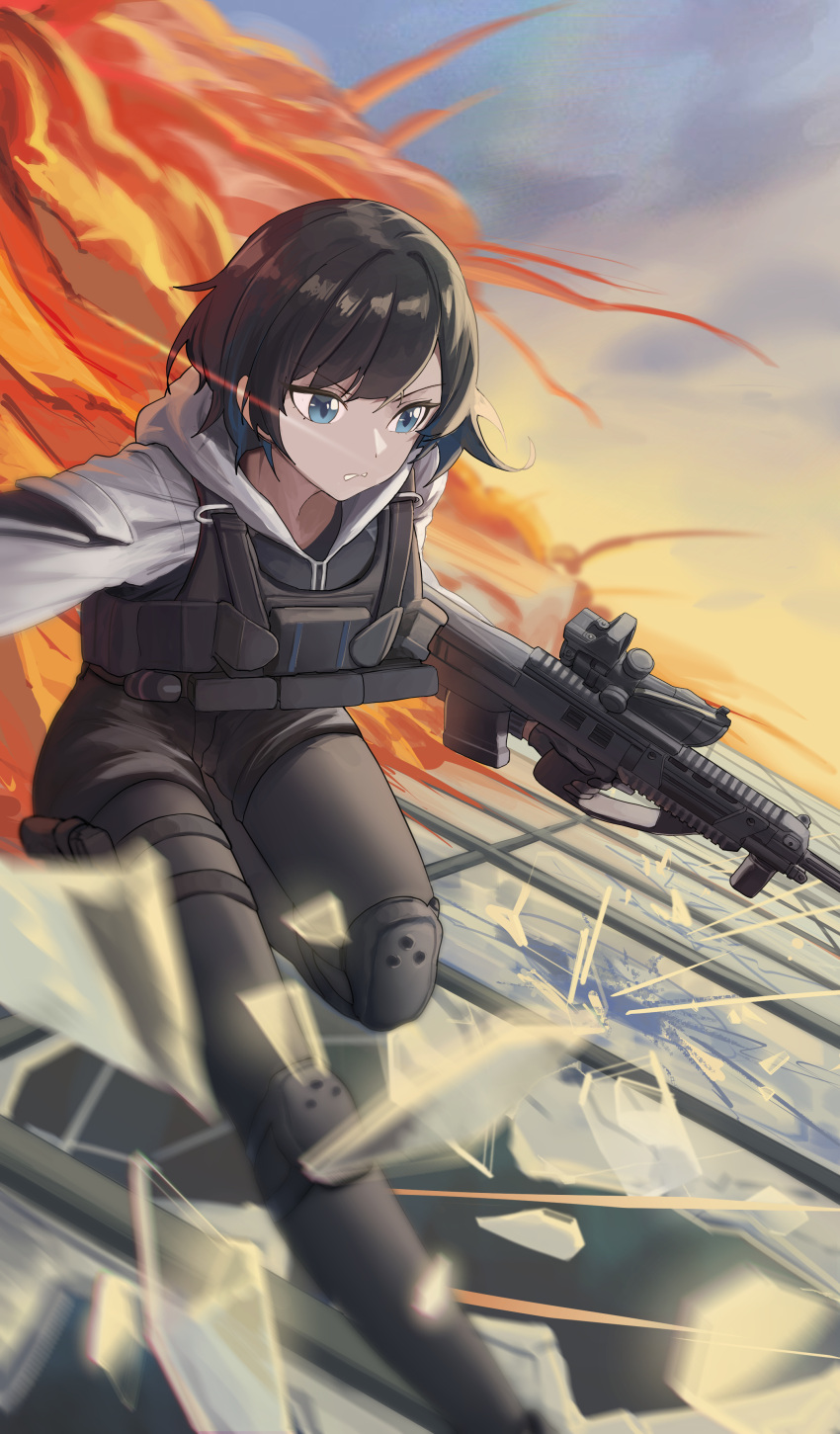 1girl absurdres black_hair blue_eyes body_armor broken_glass bullpup clouds commentary commission english_commentary explosion firing glass gun highres hood hoodie jacket knee_pads original pants rifle short_hair sky solo weapon zaq_(zaqsta)