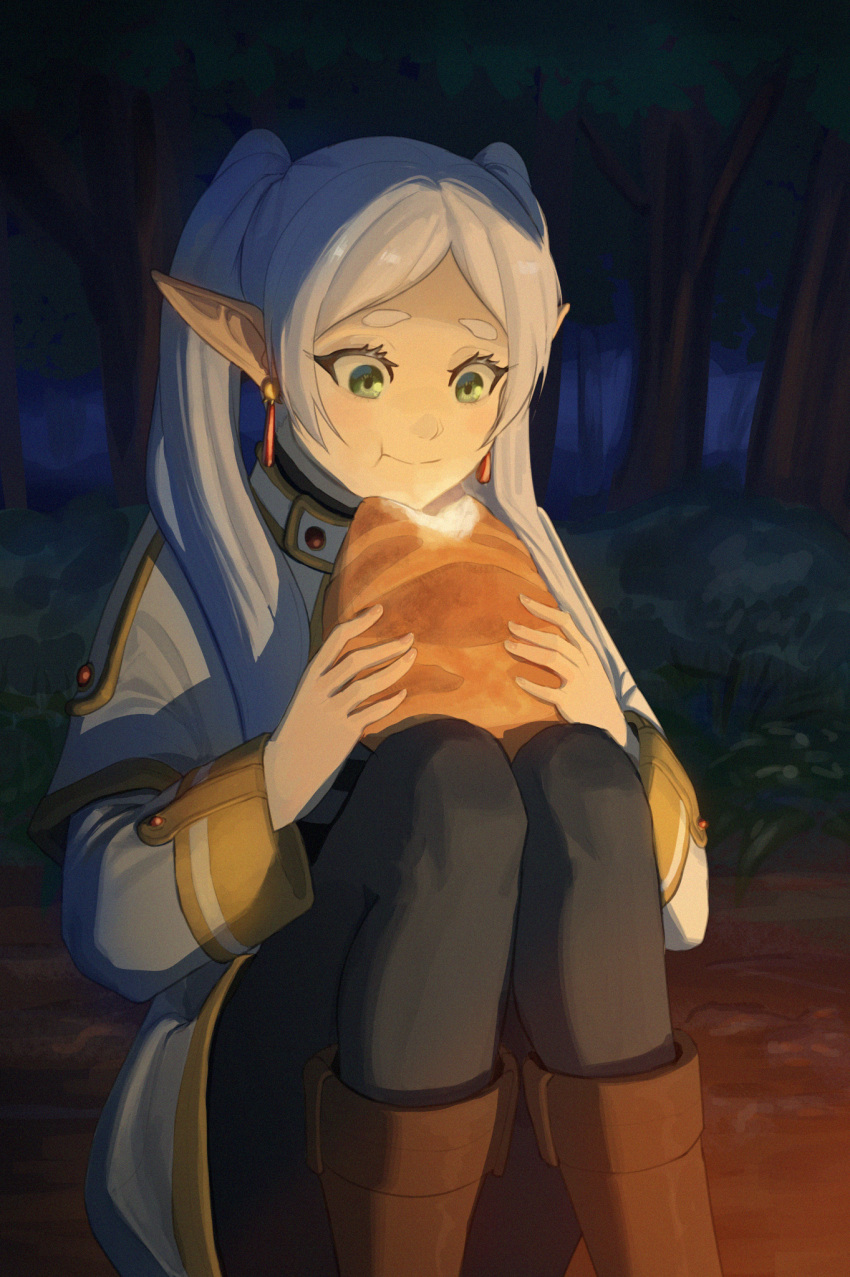 1girl black_pantyhose boots bread brown_footwear capelet closed_mouth commentary earrings eating elf english_commentary feet_out_of_frame food forest frieren gem gold_trim green_eyes high_collar highres holding holding_food jacket jewelry knees_up long_hair long_sleeves makano_(user_zpua3342) nature night outdoors pantyhose parted_bangs pointy_ears red_gemstone short_eyebrows sitting skirt smile solo sousou_no_frieren thick_eyebrows twintails white_capelet white_hair white_jacket white_skirt