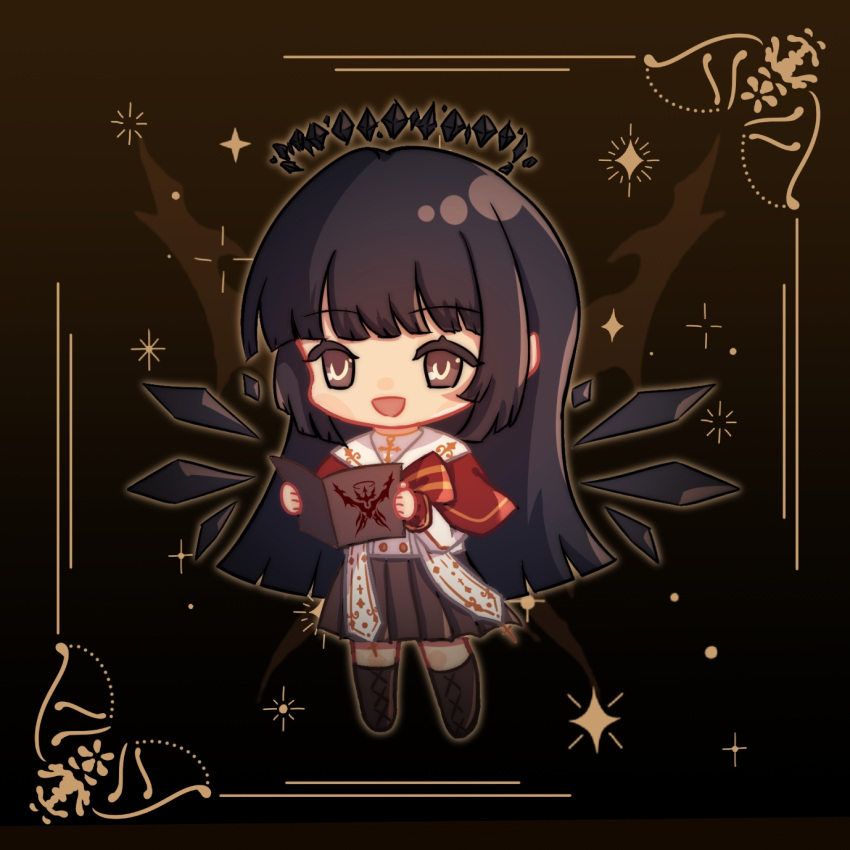 1girl :d arknights black_footwear black_hair black_wings boots bow brown_background brown_eyes brown_skirt capelet chibi cross-laced_footwear detached_wings duduqiu58136 full_body highres holding lace-up_boots long_hair long_sleeves pleated_skirt red_bow red_capelet shirt skirt smile solo striped_bow very_long_hair virtuosa_(arknights) white_shirt wings