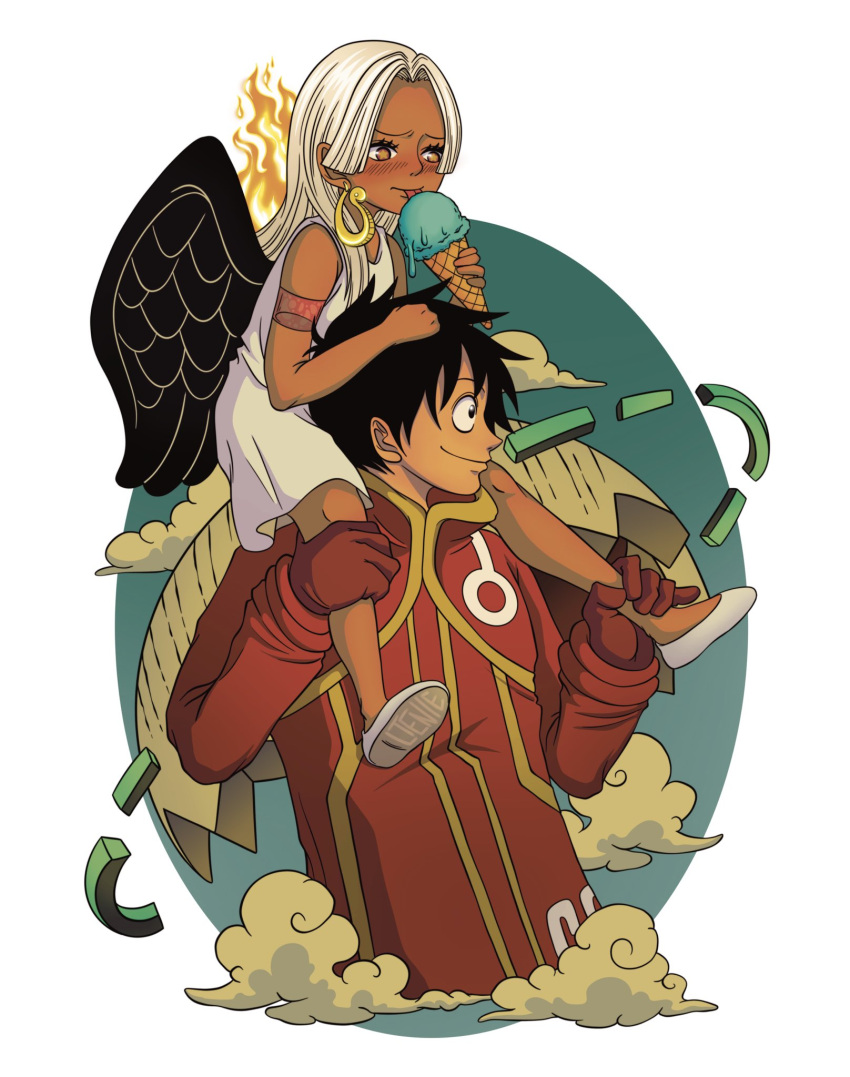1boy 1girl black_eyes black_hair black_wings blush carrying closed_mouth commentary dark-skinned_female dark_skin dress earrings english_commentary feathered_wings fire food highres holding holding_food holding_ice_cream ice_cream ice_cream_cone jewelry long_hair ltenie monkey_d._luffy official_alternate_costume one_piece s-snake seraphim_(one_piece) short_hair shoulder_carry smile snake_earrings tongue tongue_out white_dress wings