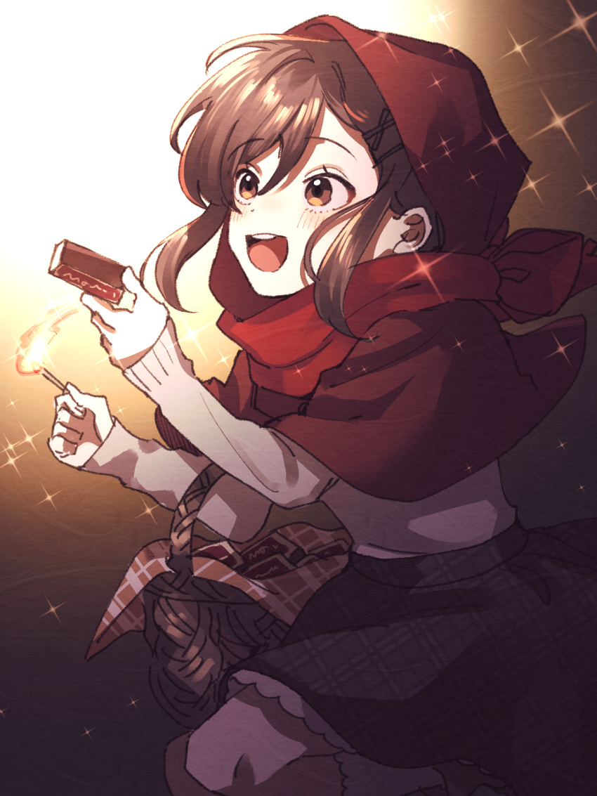 1girl alternate_costume basket black_skirt brown_background brown_eyes brown_footwear brown_hair burning commentary_request feet_out_of_frame fire gradient_background hair_ornament hairclip highres holding_matchstick hood hood_up kagerou_project little_match_girl loafers long_sleeves looking_ahead matchbox matches matchgirl mokemoke_chan open_mouth red_hood red_scarf scarf shoes sidelocks skirt socks solo sparkle sweater tateyama_ayano teeth upper_teeth_only white_background white_socks white_sweater x_hair_ornament