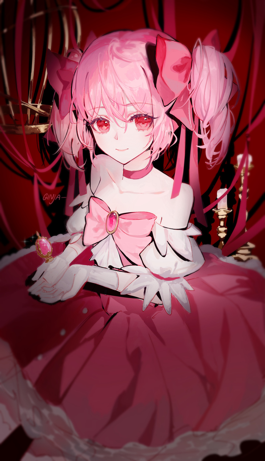 1girl absurdres artist_name bare_shoulders bow candle candlestand chest_jewel choker closed_mouth commentary cowboy_shot dress ginja_(ginja_uwu) gloves hair_bow highres kaname_madoka looking_at_viewer magical_girl mahou_shoujo_madoka_magica pink_bow pink_choker pink_dress pink_eyes pink_gemstone pink_hair pink_ribbon pink_theme puffy_short_sleeves puffy_sleeves ribbon short_hair short_sleeves short_twintails smile solo soul_gem standing strapless strapless_dress twintails white_gloves white_sleeves