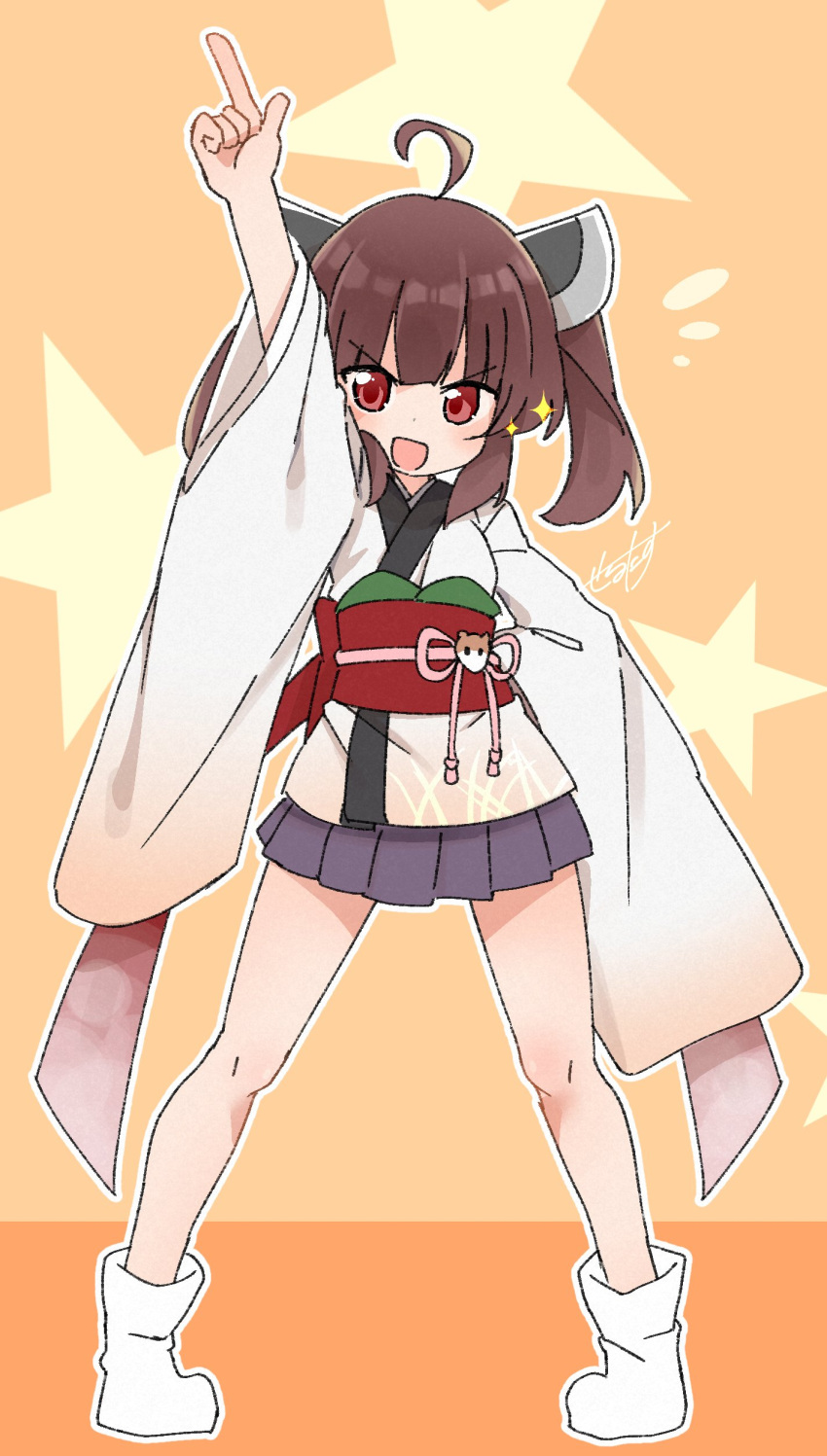 1girl absurdres ahoge blue_skirt blunt_bangs brown_hair full_body hand_on_own_hip hand_up headgear highres japanese_clothes kimono light_blush long_sleeves looking_at_viewer obi open_mouth orange_background outline pleated_skirt red_eyes sash sechin short_twintails sidelocks skirt smile solo star_(symbol) touhoku_kiritan twintails voiceroid white_footwear white_kimono white_outline wide_sleeves
