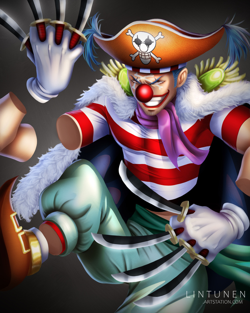 1boy absurdres artist_name blue_hair buggy_the_clown clenched_teeth clown_nose commentary english_commentary epaulettes facepaint facial_hair gloves hat highres holding holding_knife holding_weapon jolly_roger knife makeup male_focus moboro123_(lintunen) one_piece pirate_hat purple_scarf red_nose scarf shirt short_sleeves skull_and_crossbones smile solo striped_clothes striped_shirt teeth weapon web_address white_gloves