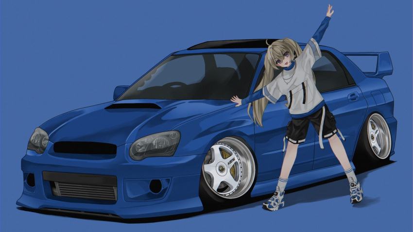 1girl black_eyes black_shorts blonde_hair blue_background blue_shirt grey_footwear grey_socks highres itou_touma jewelry layered_sleeves looking_at_viewer necklace open_hands open_mouth original reebok_pump shadow shirt shorts simple_background smile socks solo spoiler_(automobile) stance_(vehicle) subaru_(brand) subaru_impreza twintails vehicle_focus white_shirt