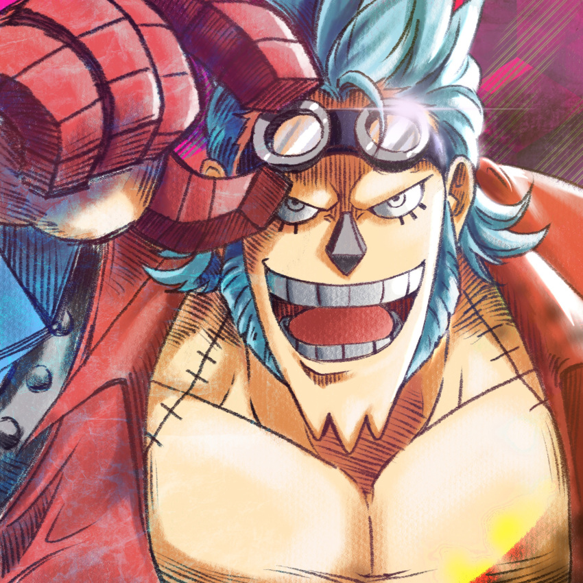 1boy adjusting_goggles blue_hair chinese_commentary collarbone commentary_request english_commentary franky_(one_piece) goggles goggles_on_head highres kirin_13 long_sideburns looking_at_viewer male_focus mixed-language_commentary one_piece open_mouth short_hair sideburns smile solo spiky_hair teeth