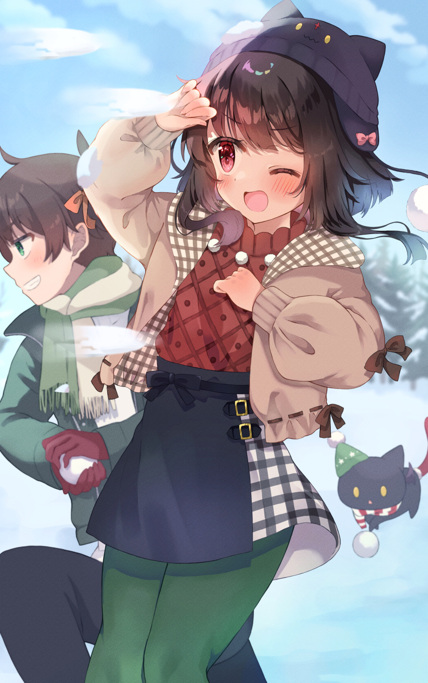 1boy 1girl ;d absurdres alternate_costume arm_up black_hair black_headwear black_skirt blue_sky blush brown_coat brown_hair coat commentary_request cowboy_shot day excited floating_hair gloves green_coat green_eyes green_pants green_scarf hand_up high-waist_skirt highres holding_snowball kono_subarashii_sekai_ni_shukufuku_wo! long_sleeves megumin one_eye_closed open_clothes open_coat open_mouth outdoors pants profile puffy_long_sleeves puffy_sleeves red_eyes red_gloves red_sweater satou_kazuma scarf short_hair short_hair_with_long_locks skirt sky smile snowball snowball_fight solo_focus sweater v-shaped_eyebrows winter winter_clothes yuno_(suke_yuno)