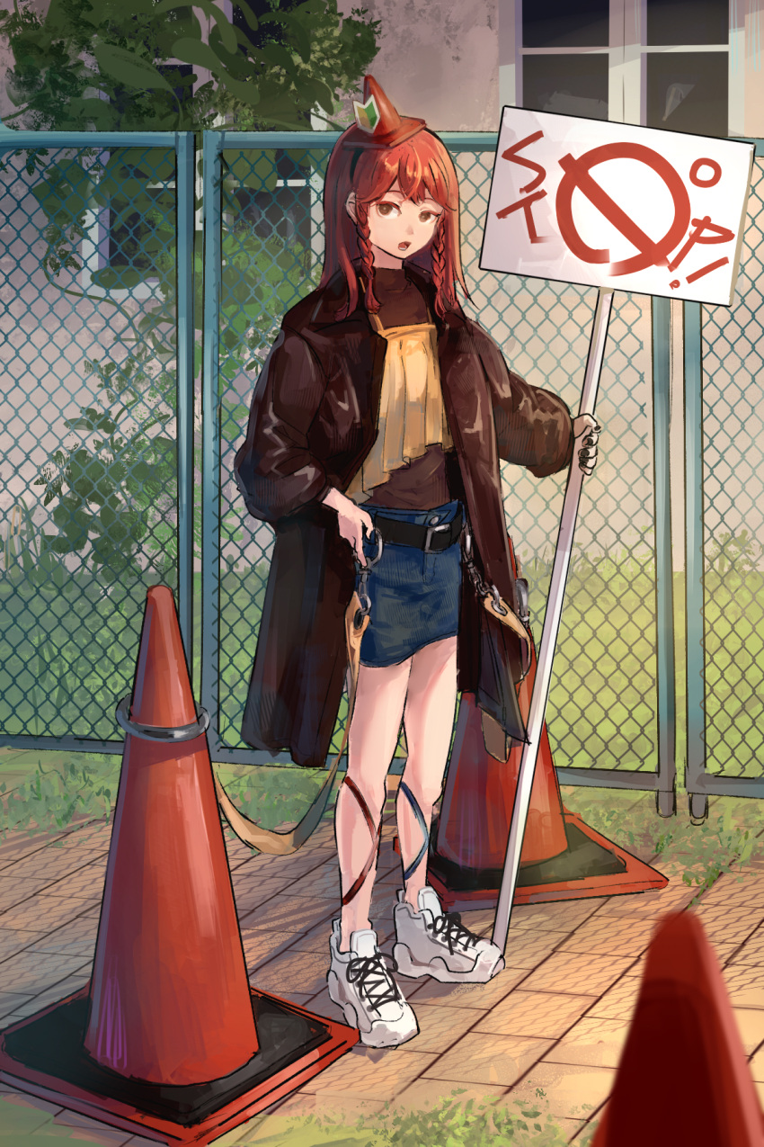 1girl 23el bare_legs belt black_belt black_coat black_nails black_shirt braid brick_floor brown_eyes camisole coat denim denim_skirt fence full_body grass highres holding holding_sign long_hair long_sleeves looking_at_viewer lower_teeth_only nail_polish open_mouth original redhead road_sign shirt shoes shoshinsha_mark sign skirt sneakers solo standing stop_sign teeth traffic_cone traffic_cone_on_head tree twin_braids white_footwear window yellow_camisole