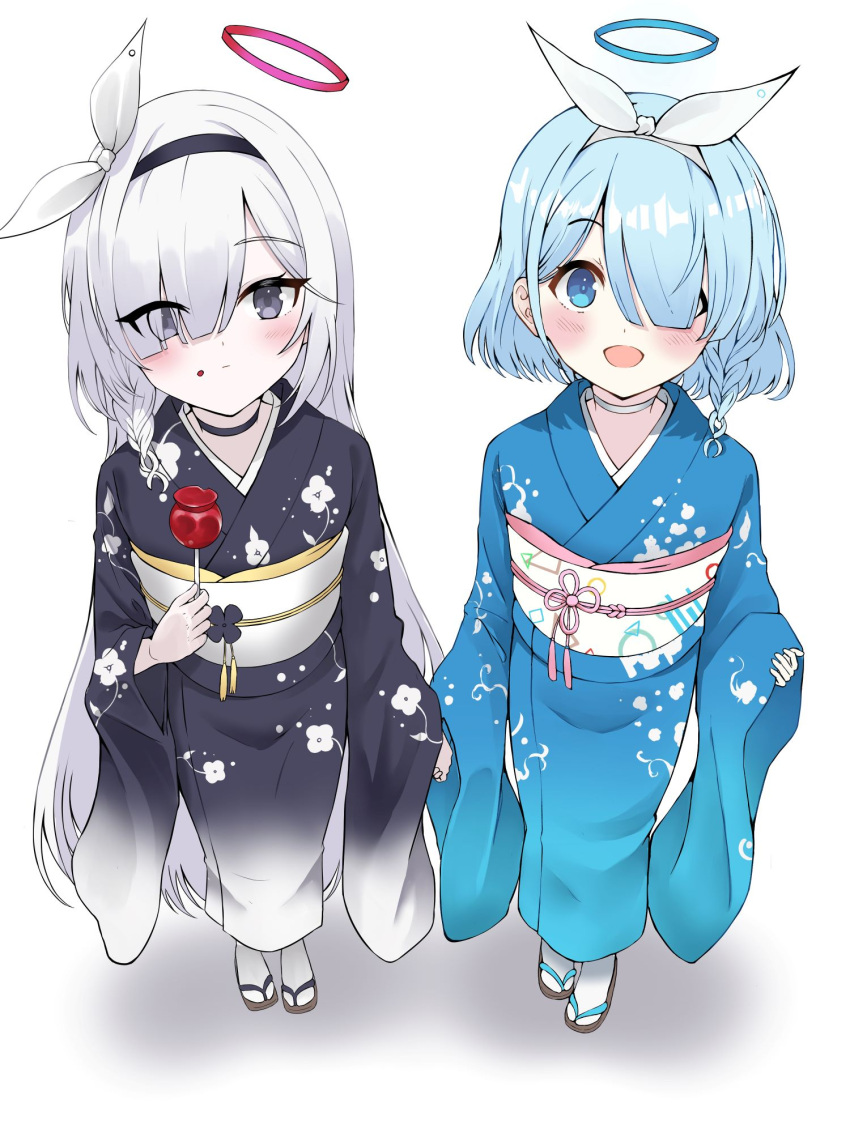 2girls alternate_costume arona_(blue_archive) black_hairband black_kimono blue_archive blue_eyes blue_hair blue_halo blue_kimono blush bow_hairband braid candy_apple choker closed_mouth food food_on_face full_body grey_eyes grey_hair hair_over_one_eye hair_ribbon hairband halo hashtag_only_commentary highres holding holding_food japanese_clothes kimono lds_(dstwins97) light_blue_hair long_bangs long_hair long_sleeves looking_at_viewer multiple_girls obi open_mouth plana_(blue_archive) red_halo ribbon sandals sash short_hair side_braid single_braid socks standing tabi very_long_hair white_background white_choker white_hairband white_ribbon white_socks zouri
