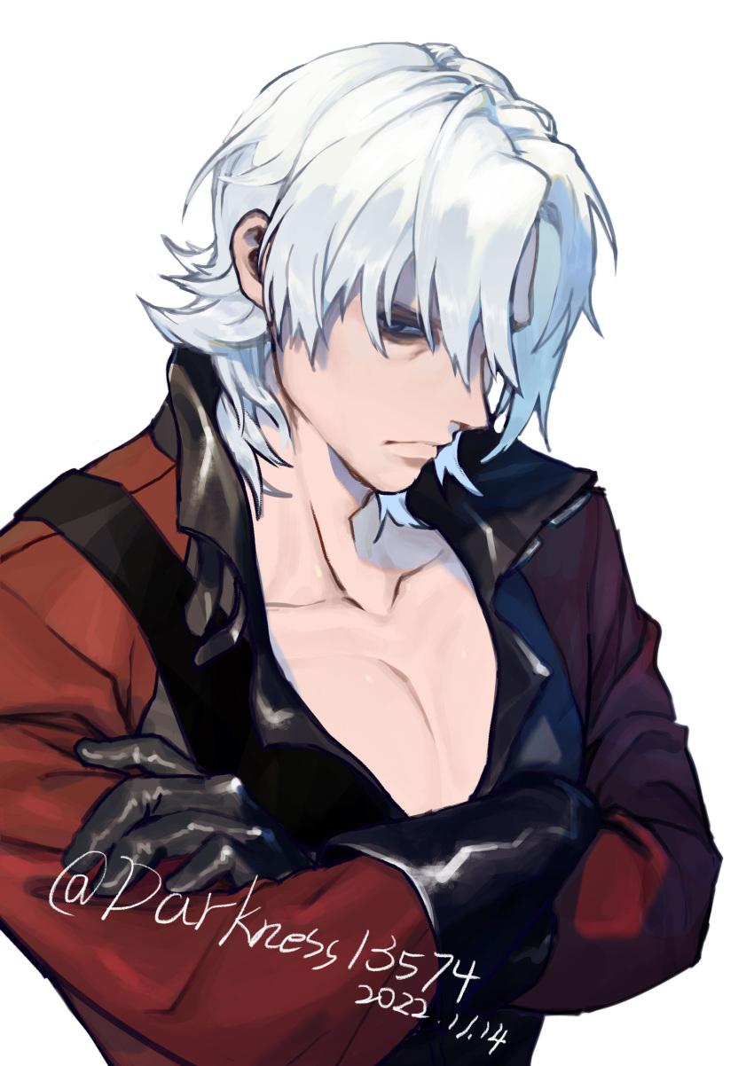 1boy absurdres bishounen black_gloves blue_eyes closed_mouth coat dante_(devil_may_cry) darkness13574 devil_may_cry_(series) devil_may_cry_2 gloves hair_over_one_eye highres holding long_hair looking_at_viewer male_focus red_coat simple_background solo white_hair
