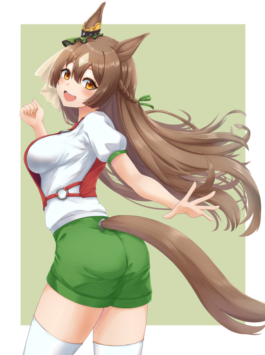 1girl animal_ears braid brown_hair clenched_hand commentary ear_scrunchie french_braid from_behind green_scrunchie green_shorts grey_background gym_shirt gym_shorts gym_uniform highres horse_ears horse_girl horse_tail kemuri_(etep3372) leaning_forward long_hair looking_at_viewer looking_back open_mouth orange_eyes satono_diamond_(umamusume) scrunchie shirt short_sleeves shorts smile solo standing t-shirt tail tail_through_clothes thigh-highs umamusume very_long_hair white_shirt white_thighhighs wind