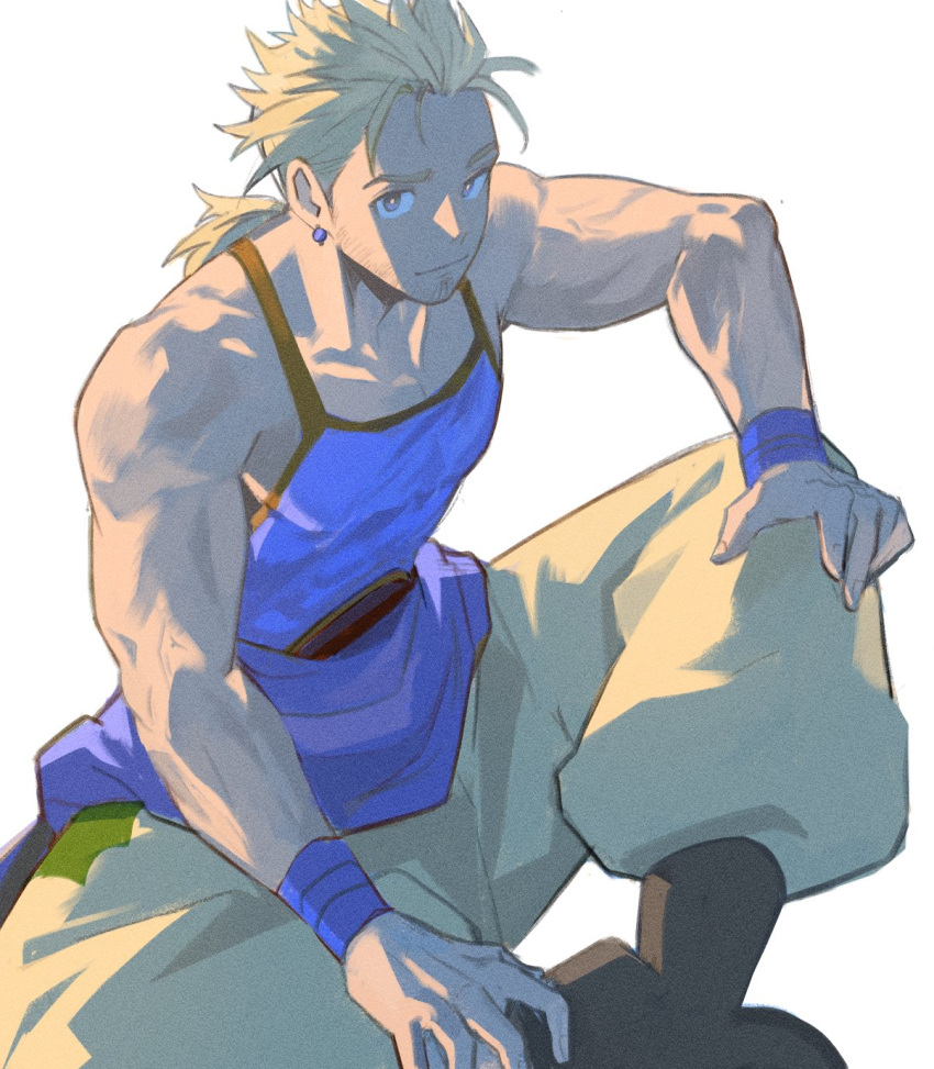 1boy bare_shoulders blonde_hair blue_eyes blue_tank_top blue_wrist_cuffs boots earrings facial_hair final_fantasy final_fantasy_vi garbage_paper highres jewelry male_focus muscular muscular_male pants ponytail sabin_rene_figaro sitting tank_top waist_sash white_background wrist_cuffs yellow_pupils