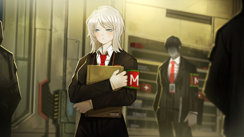 1boy 1girl 2others armband black_jacket black_pants blue_eyes book closed_mouth collared_shirt faust_(project_moon) game_cg highres holding holding_book id_card indoors jacket limbus_company long_sleeves medium_hair multiple_others nai_ga necktie official_art pants project_moon red_necktie shirt standing white_hair white_shirt wing_collar