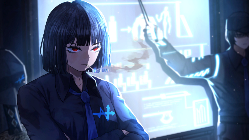 1boy 1girl black_hair black_pants black_shirt blue_necktie bob_cut cigarette collared_shirt crossed_arms game_cg highres limbus_company nai_ga necktie official_art pants project_moon red_eyes ryoshu_(project_moon) shirt short_hair smoke smoking standing wing_collar yi_sang_(project_moon)