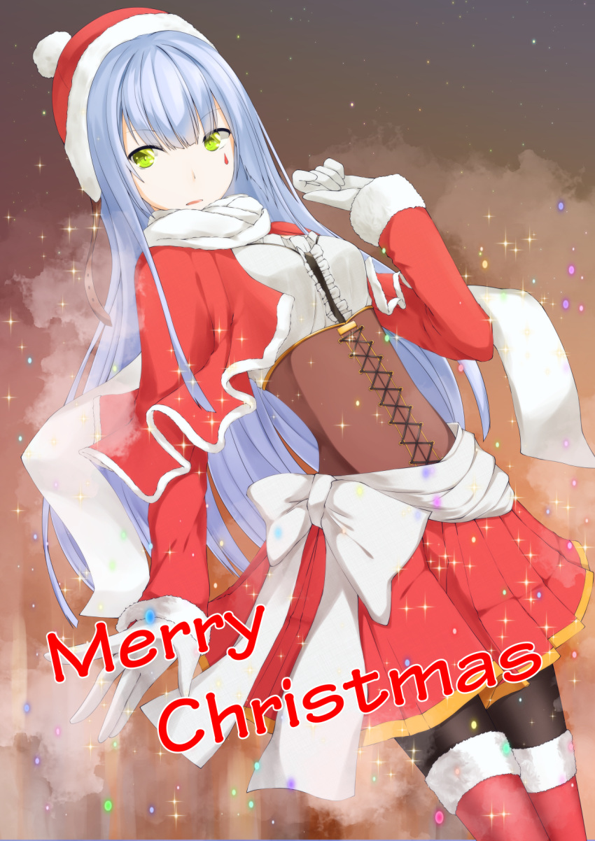 1girl boots capelet center_frills christmas corset facial_mark frills fur-trimmed_boots fur-trimmed_capelet fur_trim girls_frontline gloves green_eyes grey_hair hand_up hat highres hk416_(girls'_frontline) long_hair long_sleeves looking_to_the_side merry_christmas pantyhose parted_lips pleated_skirt santa_costume santa_hat scarf skirt solo teardrop_facial_mark very_long_hair yuki-san_(wdtm_yuki)