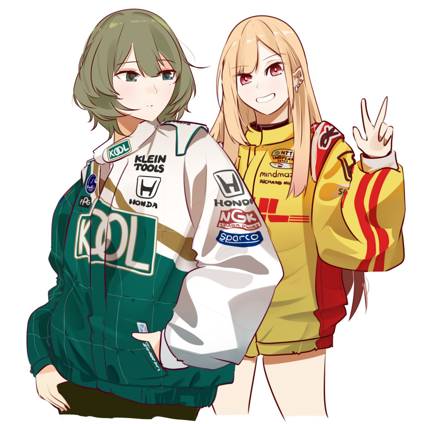 2girls absurdres blonde_hair cosplay crossover dhl english_commentary fedex green_hair green_jacket highres holeecrab honda idolmaster idolmaster_cinderella_girls indycar_series jacket kitagawa_marin looking_at_viewer looking_to_the_side mole mole_under_eye multicolored_clothes multicolored_jacket multiple_girls parted_lips paul_tracy paul_tracy_(cosplay) racing_suit red_eyes romain_grosjean romain_grosjean_(cosplay) short_hair shorts smile sono_bisque_doll_wa_koi_wo_suru takagaki_kaede upper_body v white_background white_jacket yellow_jacket yellow_shorts