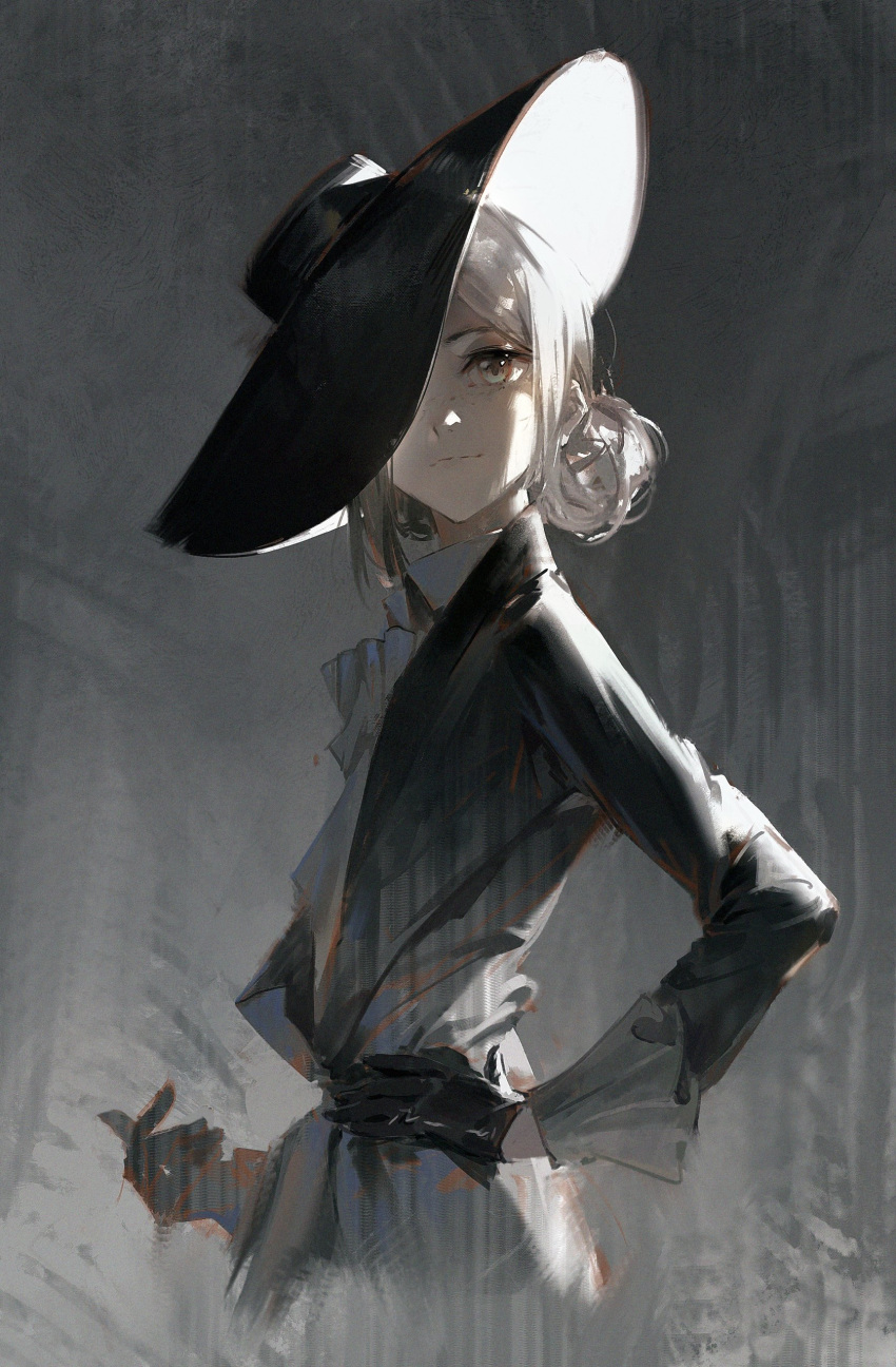 1girl absurdres ascot black_gloves black_headwear black_jacket collared_shirt dino_(dinoartforame) from_side gloves grey_hair hand_on_own_hip highres jacket looking_at_viewer one_eye_covered original shirt short_hair smirk solo standing upper_body white_shirt yellow_eyes