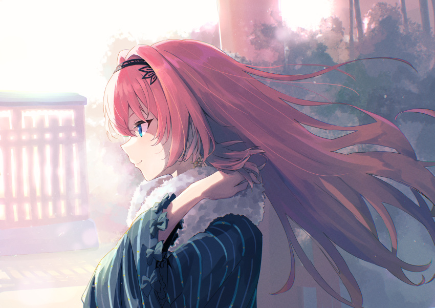 1girl black_hairband blue_eyes blue_kimono closed_mouth commentary earrings from_side fur_scarf hairband highres hololive japanese_clothes jewelry kimono long_hair looking_afar looking_ahead official_alternate_costume official_alternate_hair_length official_alternate_hairstyle oki_no_fuji pink_hair profile scarf smile solo star_(symbol) star_earrings striped_clothes striped_kimono takane_lui takane_lui_(new_year) upper_body vertical-striped_clothes vertical-striped_kimono virtual_youtuber white_scarf