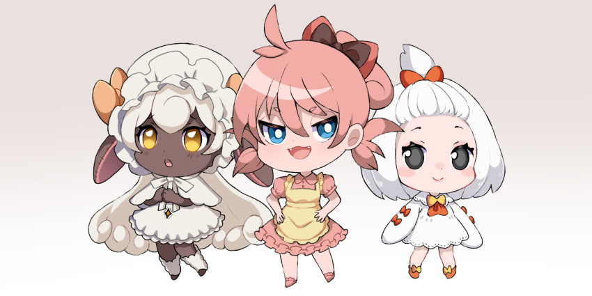 3girls :d :o antenna_hair apron black_bow black_skin blue_eyes bonnet bow bright_pupils capelet cattiva chibi chikipi closed_mouth collared_dress colored_skin dress fangs full_body furrowed_brow gradient_background grey_eyes hair_between_eyes hair_bow half-closed_eyes highres lamball long_hair multiple_girls orange_footwear palworld personification pigeon-toed pink_bow pink_dress pink_footwear pink_hair puffy_short_sleeves puffy_sleeves red_bow short_hair short_sleeves short_twintails smile topknot twintails two-tone_bow very_long_hair white_capelet white_dress white_hair white_headwear white_pupils yellow_apron yellow_eyes yuma_(pixiv38148735)