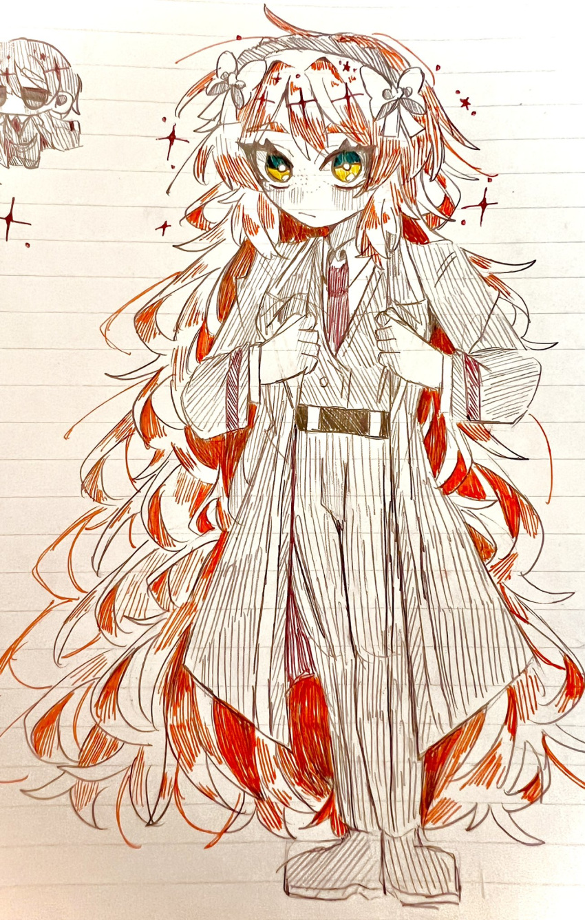 1444tmt 1girl coat full_body green_eyes hair_ribbon hairband highres ink_(medium) limbus_company long_hair looking_at_viewer necktie orange_hair project_moon red_necktie ribbon shirt sketchbook solo sparkle traditional_media white_shirt