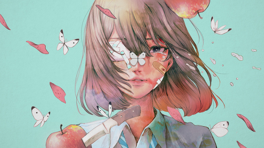 1girl apple aqua_background bandaid bandaid_on_face blood blood_on_face blue_eyes blue_necktie blue_shirt bright_pupils brown_hair bug butterfly collared_shirt crying crying_with_eyes_open eyepatch falling_petals food fruit grey_eyes hair_between_eyes highres knife looking_at_viewer medium_hair multicolored_hair necktie original parted_lips petals portrait red_apple shirt simple_background smile solo tears upper_body wataboku white_butterfly white_pupils wing_collar