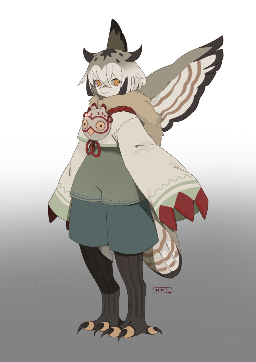 1girl artist_name beak bird_girl bird_legs bird_mask bird_tail bird_wings black_thighhighs blue_shorts brown_cape brown_hair brown_wings cape claws commentary cropped_jacket crossed_bangs digitigrade fake_claws from_side full_body fur_cape furry furry_female gradient_background grey_background hair_flaps highres jacket keldel looking_at_viewer mask mask_around_neck multicolored_hair orange_eyes original owl_girl owl_mask short_hair shorts simple_background sleeves_past_fingers sleeves_past_wrists solo standing symbol-only_commentary tail talons thigh-highs toeless_legwear unworn_mask white_background white_hair white_jacket wings