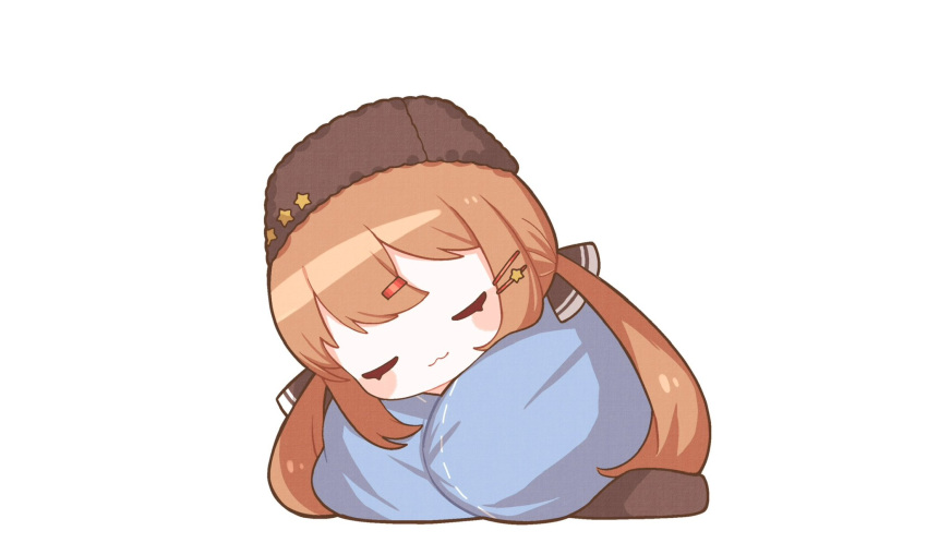 1girl :3 black_headwear blue_shawl brown_hair chibi closed_eyes fur_hat hair_ornament hairclip hat highres kantai_collection long_hair low_twintails nada_namie papakha shawl simple_background sleeping solo tashkent_(kancolle) twintails white_background