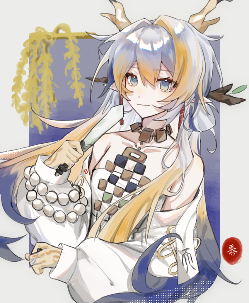 1girl arknights bare_shoulders blonde_hair blue_eyes blue_hair border bracelet branch closed_mouth collarbone dot_nose dragon_girl dragon_horns earrings eyeliner grey_border grey_hair hair_between_eyes hair_intakes hair_ornament hair_stick hand_up highres holding holding_sword holding_weapon horns jacket jewelry long_hair long_sleeves looking_at_viewer makeup multicolored_hair nan_xi_xi_xi necklace off_shoulder open_clothes open_jacket outside_border plant pointy_ears red_eyeliner shirt shu_(arknights) sidelocks sleeves_past_wrists smile solo strapless strapless_shirt streaked_hair sword tassel tassel_earrings very_long_hair weapon white_jacket white_shirt