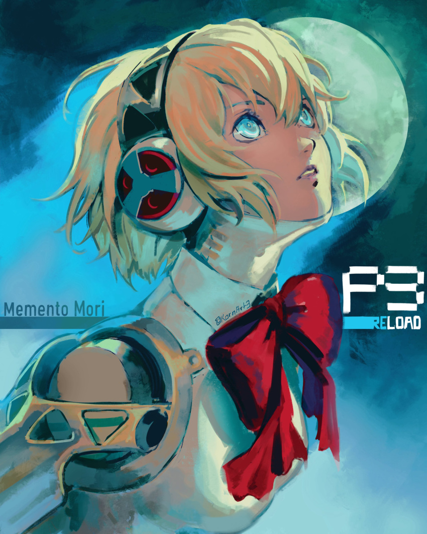 1girl absurdres aegis_(persona) android artist_name blonde_hair blue_background blue_eyes bow commentary copyright_name english_commentary eyelashes full_moon headphones highres kornart looking_up moon parted_lips persona persona_3 persona_3_reload red_bow short_hair solo twitter_username upper_body