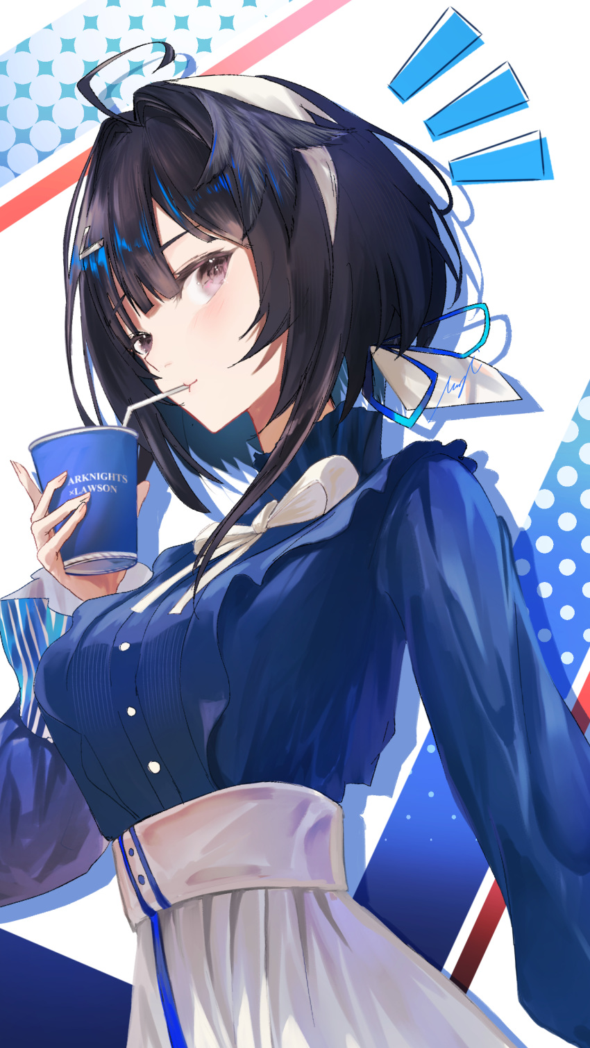 1girl absurdres ahoge arknights arm_at_side black_hair blue_ribbon blue_shirt breasts brown_eyes closed_mouth collared_shirt cowboy_shot cup drinking drinking_straw frilled_shirt frills from_side hair_between_eyes hair_ribbon hand_up high-waist_skirt highres holding holding_cup la_pluma_(arknights) large_breasts lawson long_sleeves looking_at_viewer nageia_02 neck_ribbon notice_lines ribbon shirt shirt_tucked_in short_hair sidelocks skirt solo tented_shirt white_ribbon white_skirt