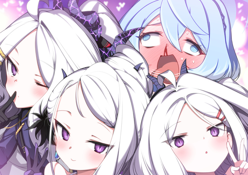 4girls ahoge ako_(blue_archive) anniversary black_gloves black_horns blue_archive blush closed_mouth dangle_earrings demon_horns earrings gloves grey_hair halo hina_(blue_archive) hina_(dress)_(blue_archive) hina_(swimsuit)_(blue_archive) hitotose_rin horns index_finger_raised jewelry long_hair multiple_girls multiple_horns multiple_persona necklace official_alternate_costume official_alternate_hairstyle one_eye_closed open_mouth parted_bangs parted_lips purple_gloves short_hair smile tongue tongue_out v violet_eyes