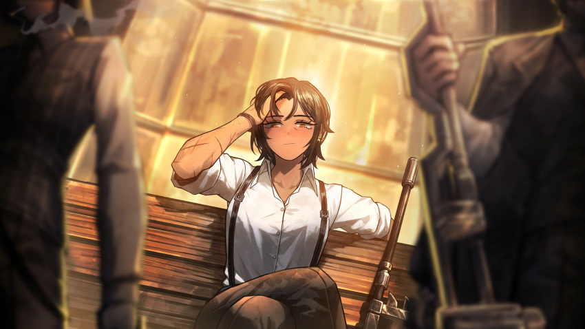 1boy 2girls adjusting_hair black_jacket black_pants black_vest blurry blurry_foreground brown_hair closed_mouth collared_shirt crossed_legs dress_shirt ear_piercing game_cg highres holding holding_weapon jacket limbus_company looking_at_viewer multiple_girls multiple_others nai_ga official_art on_bench orange_eyes outis_(project_moon) pants piercing project_moon ryoshu_(project_moon) scar scar_on_arm shirt short_hair sitting solo_focus standing suspenders vest weapon white_shirt wing_collar yi_sang_(project_moon)