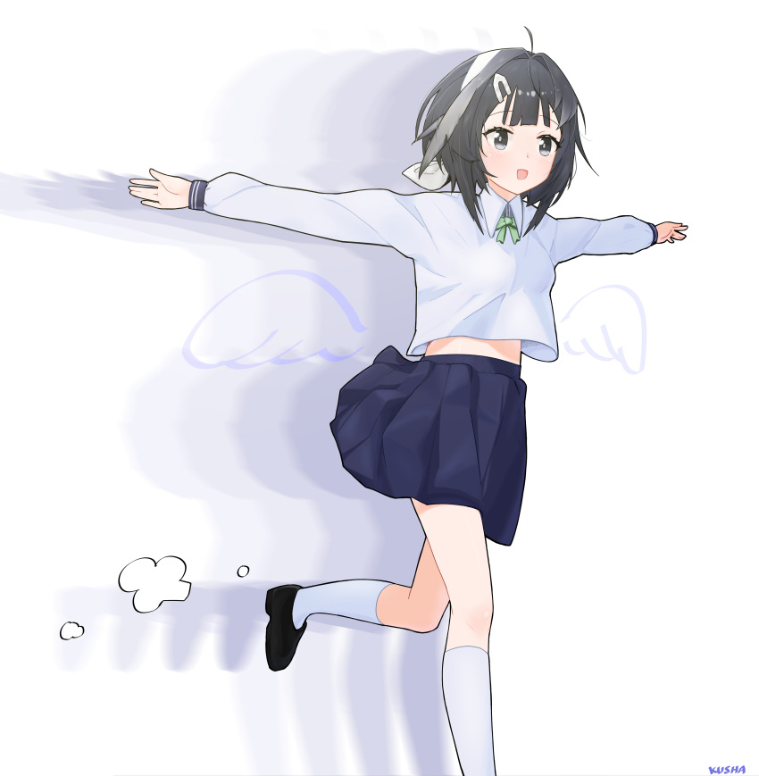 1girl :d absurdres afterimage ahoge arknights artist_name black_eyes black_footwear black_hair blue_skirt blush bow bowtie collared_shirt dot_nose drawn_wings foot_out_of_frame foot_up from_side green_bow green_bowtie hair_bow hair_intakes highres kneehighs kushaaaa4 la_pluma_(arknights) long_sleeves looking_ahead medium_hair midriff_peek mini_wings miniskirt open_hands open_mouth outstretched_arms pleated_skirt running school_uniform shirt shirt_overhang shoes sidelocks simple_background skirt sleeve_cuffs smile socks solo white_background white_bow white_socks wings