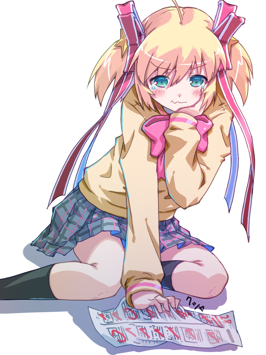 1girl akayama_yukihe angry aqua_eyes between_legs black_socks blonde_hair blush bow closed_mouth commentary drop_shadow failure foot_out_of_frame grey_skirt hair_ornament hair_ribbon hand_between_legs hand_on_own_cheek hand_on_own_face highres holding holding_paper kamikita_komari kneehighs little_busters! long_ribbon looking_down medium_hair miniskirt paper pink_bow plaid plaid_skirt pleated_skirt red_ribbon ribbon simple_background sitting skirt sleeves_past_wrists socks solo sound_effects star_(symbol) star_hair_ornament sweater tearing_up tears test test_score_(paper) two_side_up v-shaped_eyebrows wavy_mouth white_background yellow_sweater yokozuwari
