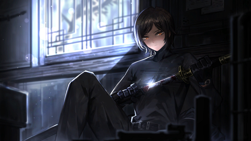 1girl belt black_belt black_gloves black_pants black_shirt blood blood_on_weapon brown_hair closed_mouth game_cg gloves highres holding holding_sword holding_weapon indoors limbus_company long_sleeves nai_ga official_art orange_eyes outis_(project_moon) pants project_moon sheath shirt short_hair sitting solo sword unsheathing watch watch weapon