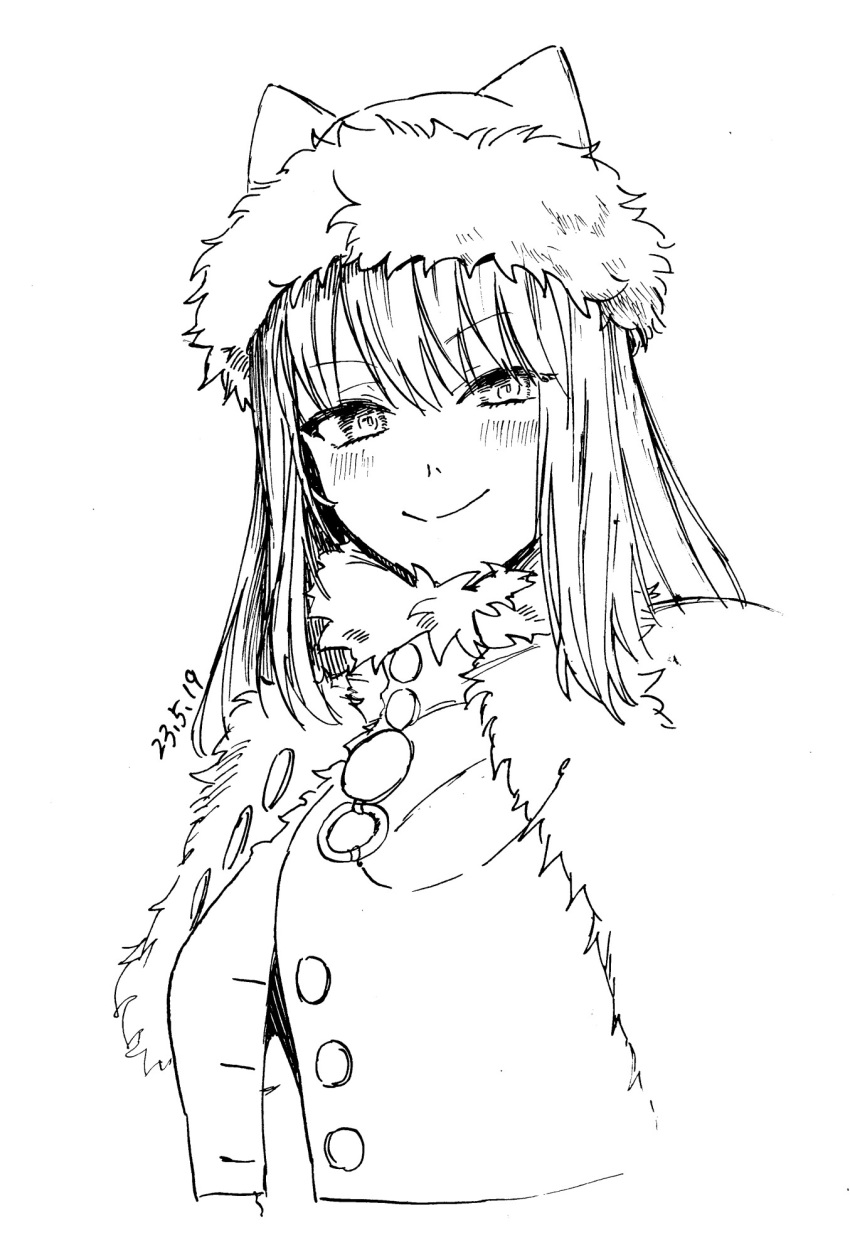 1girl animal_ear_headwear blush buttons capelet closed_mouth cropped_torso dated dobrynya_nikitich_(fate) dobrynya_nikitich_(first_ascension)_(fate) fate/grand_order fate_(series) fur-trimmed_capelet fur-trimmed_headwear fur_trim greyscale highres lineart looking_at_viewer medium_hair monochrome noz_2to simple_background smile solo upper_body