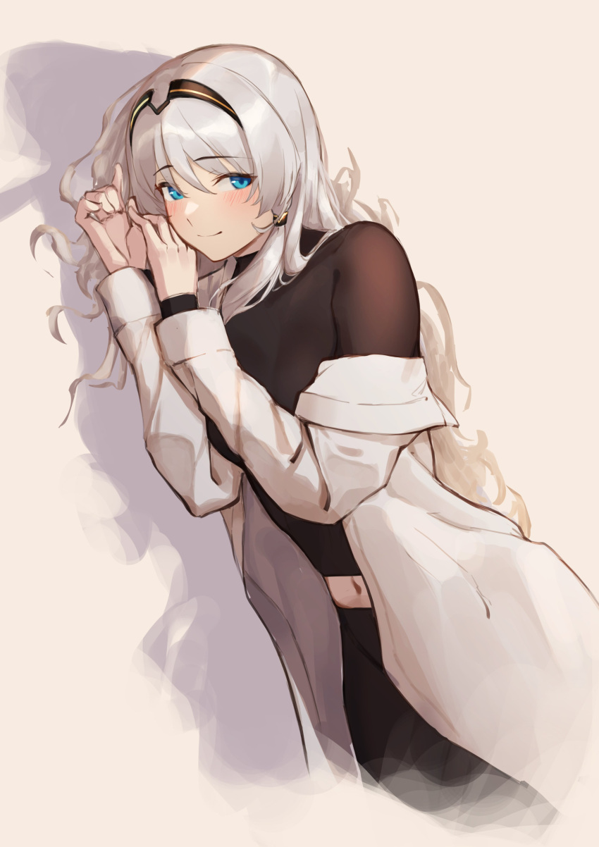 1girl 3_small_spiders absurdres an-94_(girls'_frontline) blue_eyes blush coat girls_frontline hairband highres long_hair looking_at_viewer midriff navel open_clothes open_coat smile solo white_coat white_hair